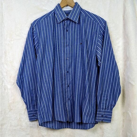 VTG Tommy Hilfiger Men’s Large Blue White Striped Long Sleeve Button Down Shirt - Picture 1 of 4